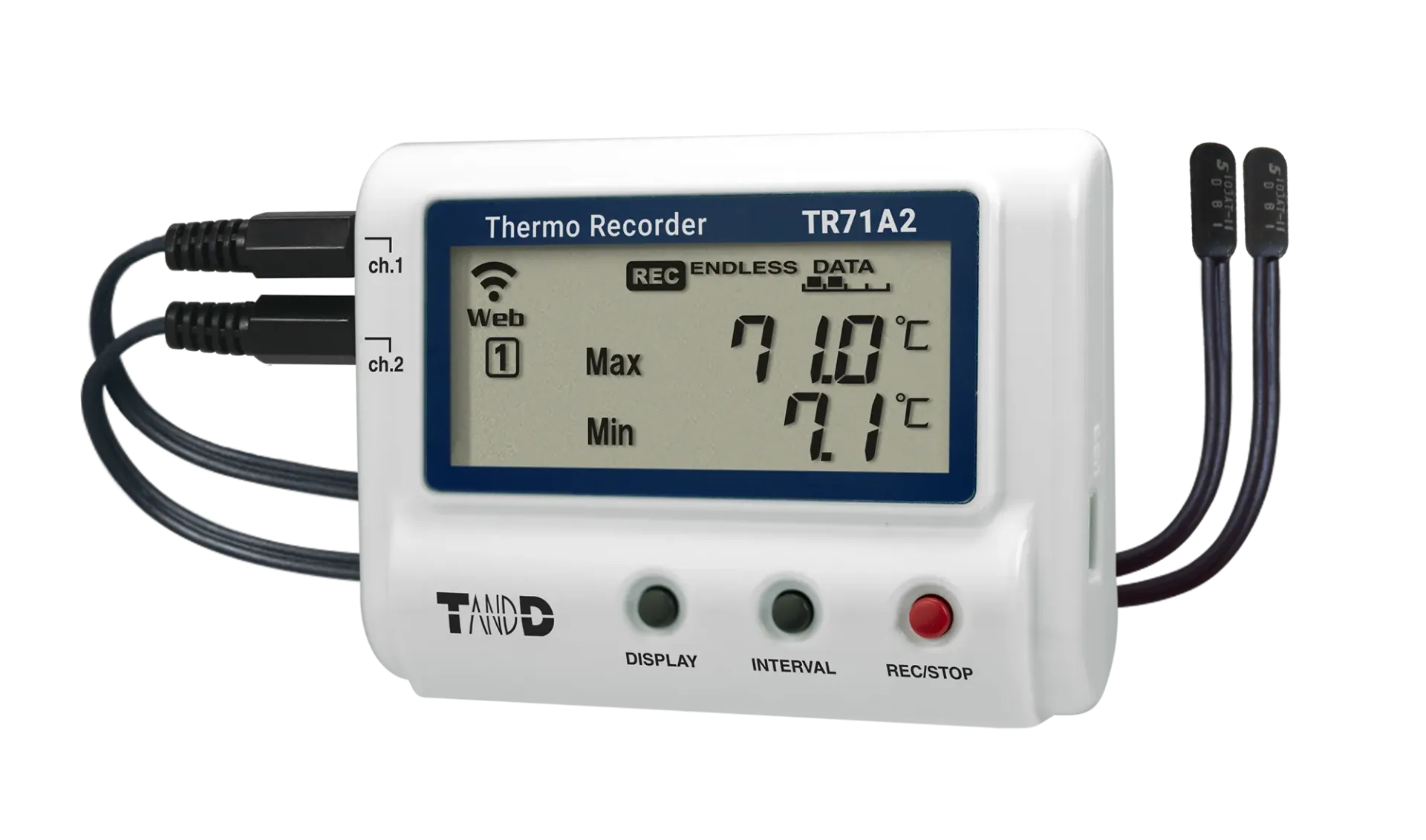 T&D TR-71A2 Wifi + Bluetooth Datalogger Temperatuur - 2 Externe Sensoren